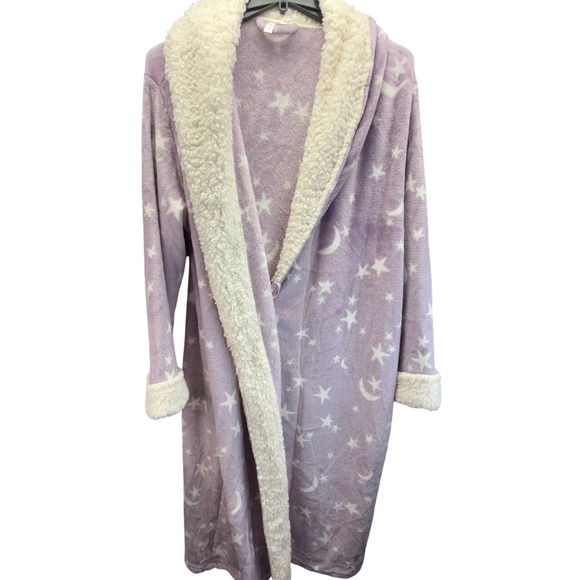 Joyspun Womens Plush Robe 3X 22W-24W Purple White Stars Moon Sherpa Trim - Picture 1 of 5